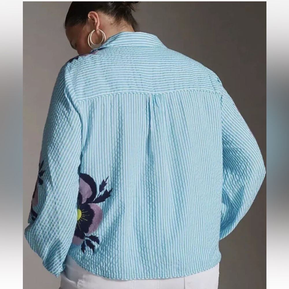 NWT Anthropologie Maeve Embroidered Button-Down Floral Patchwork Turquoise - Picture 2 of 8